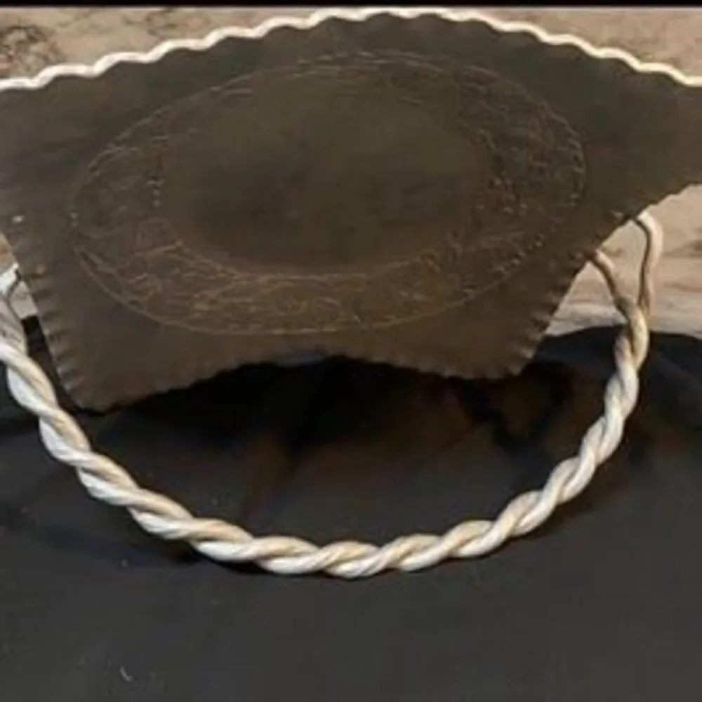 * hand-forged hammered aluminum basket engraved floral bouquet twisted handle